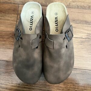 Slide on brown platform clogs